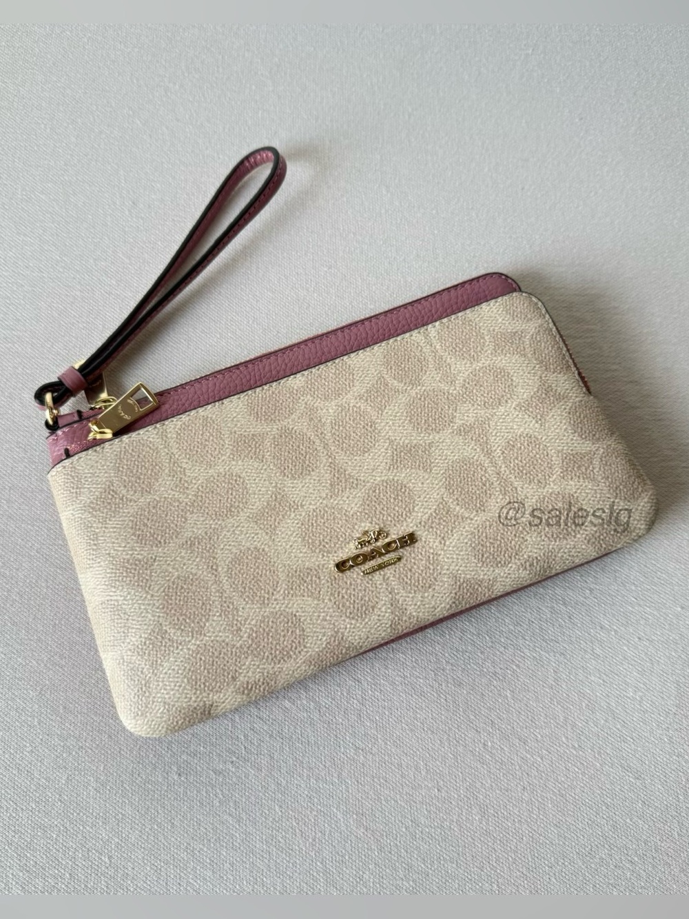 NWT Coach Double Zip Wallet CX161 Gold / Sand / Peony Pink in Signature Wristlet
